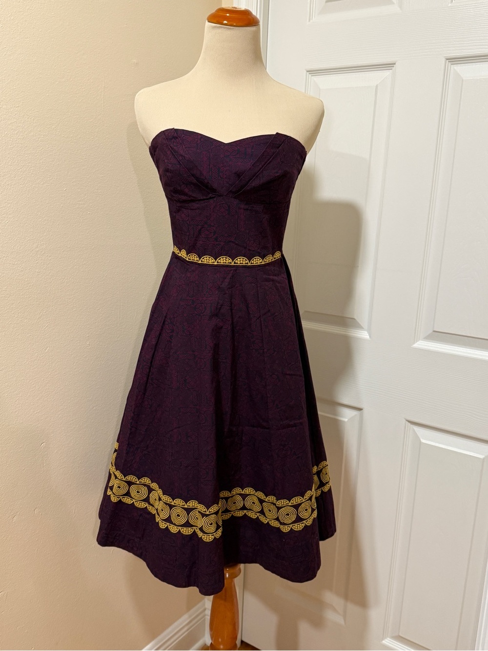 Girls From Savoy Cotton Strapless Purple Fit & Flare Dress with Gold Trim